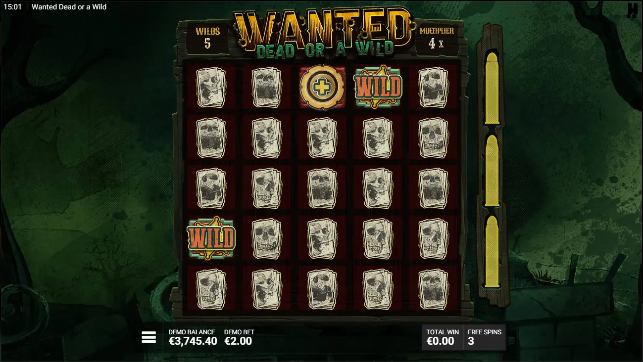 Wanted Dead or a Wild Bonus Dead Man's Hand Sammelphase zeigt gespeicherte Wilds und Multiplikatorsumme