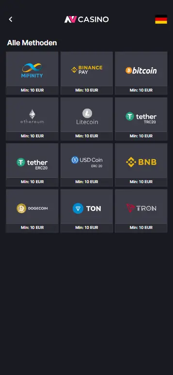 Einzahlungsseite mit Zahlungsoptionen für Wanted Dead or a Wild Casino