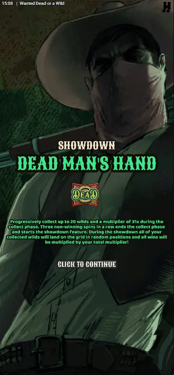 Wanted Dead or a Wild Hacksaw Gaming Dead Man's Hand showdown phase applying collected wilds