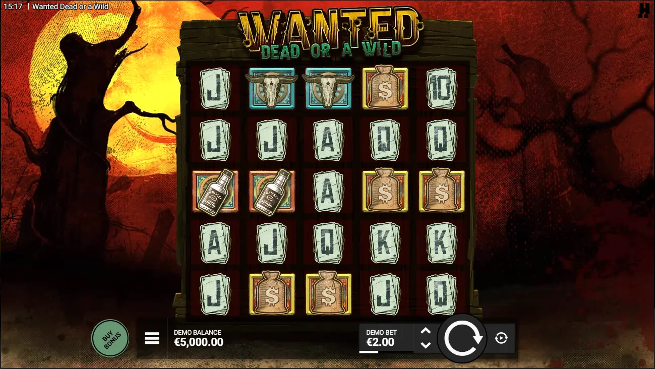 Wanted Dead or a Wild slot base game showing wild west town backdrop with wanted posters
