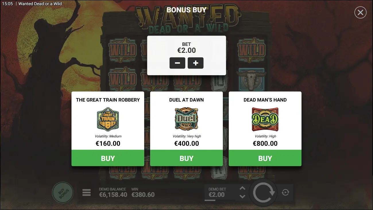 Wanted Dead or a Wild Hacksaw Gaming bonus buy menu showing three purchase options